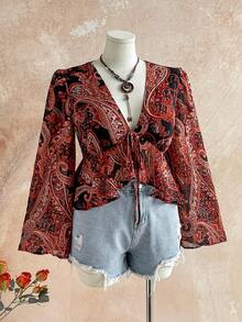 Soleia Plus Size Women's Back To School Vacation Clothes, V-Neck Textured Long Sleeve Ruffle Hem Blouse