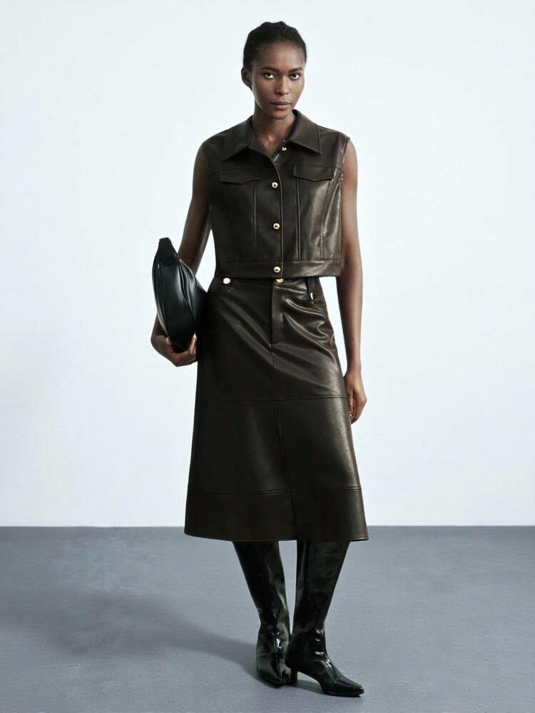 SHEIN Maija 2025 Women's Solid Color Single-Breasted Casual PU Jacket Fall, Halloween, Elegant, Goth, Classic Urban Jacket,Metal Buckle Design, Winter, Fall,National Day, New Year, Going Out