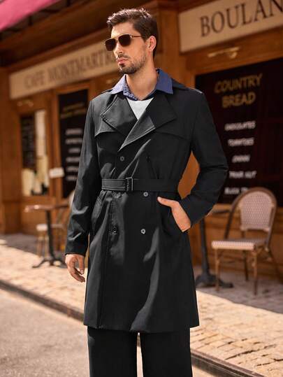 HIMLAND Men's Solid Color Double-Breasted Mid-Length Casual Trench Coat, Autumn Men Long Coat Mens Trench Coat Men Outerwear Mens Dress Coat Luxury Clothes For Men