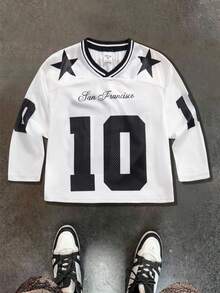 SHEIN Kids/Young Boy Casual Versatile Letter Print Pattern Ribbed Collar Mesh Loose Knit Long Sleeve T-Shirt, Suitable For School, Garden, Beach, Birthday, Spring, Summer, Autumn, Winter - Black and White - View 1