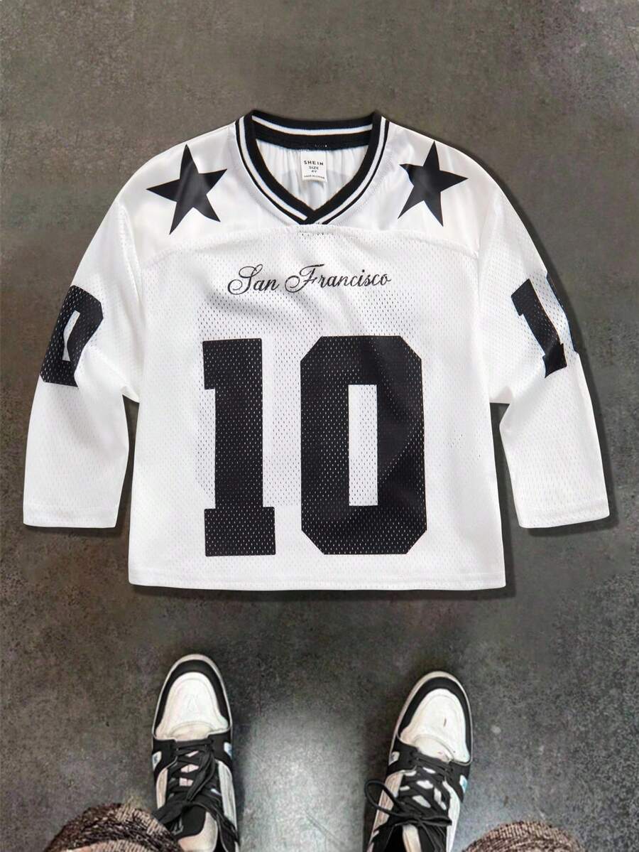 SHEIN Kids/Young Boy Casual Versatile Letter Print Pattern Ribbed Collar Mesh Loose Knit Long Sleeve T-Shirt, Suitable For School, Garden, Beach, Birthday, Spring, Summer, Autumn, Winter - Black and White - View 1