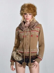 ROMWE Avant Cárdigan con capucha de manga larga, estilo universitario retro Y2K, con estampado jacquard marrón de estilo Fair Isle y textura suave para mujeres - Café integral - Ver 7