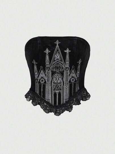 Goth Top tubo negro con parche de encaje, cuello cuadrado y bordado de cruz de castillo gótico para mujeres en Halloween