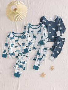 3pcs/Set Boys' Cute Cartoon & Striped Print Snug Fit Long Sleeve T-Shirt And Long Pants Pajamas - Multicolor - View 7