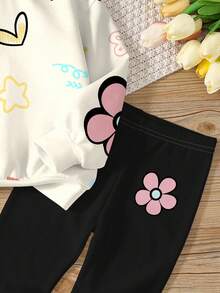 SHEIN Leap Crew 2 件套青少年女孩休闲经典花卉印花圆领舒适长袖运动衫和紧身裤套装，适合秋冬季 - 彩色 - 查看 5