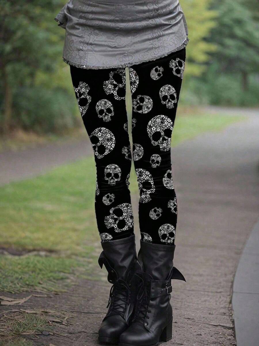 EMERY ROSE Women's High Waist Skull Print Bodycon Leggings, Stylish And Comfortable For Everyday Wear & Perfect For Halloween - Multicolor - View 1