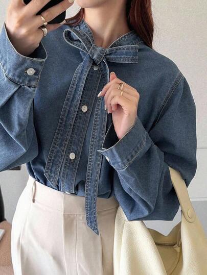 FRIFUL Blusa de mezclilla casual de mujer de manga larga con cuello de corbata y abotonadura sencilla, chaqueta de mezclilla, ropa de mujer para otoño