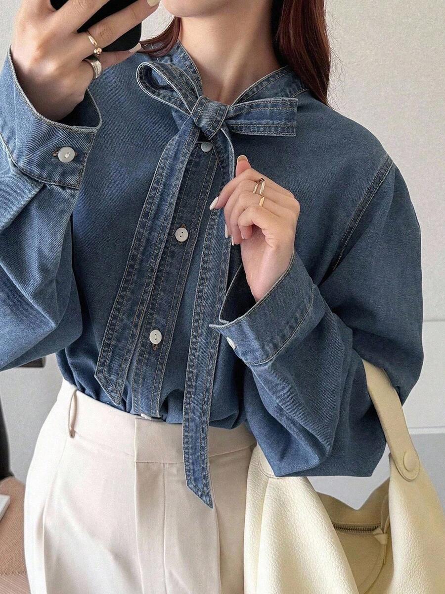 FRIFUL 女式长袖系带领单排扣休闲牛仔衬衫、牛仔夹克、秋季女装 - 藍色 - 查看 1