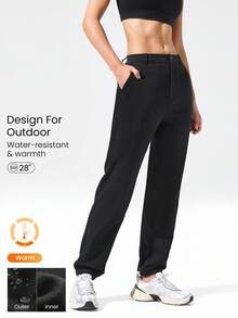 GLOWMODE Pantalones jogger de forro polar resistentes al agua, ultra elásticos, con bolsillos laterales, cálidos, ajustados, para otoño, invierno, senderismo, camping y uso diario activo - Negro - Ver 1