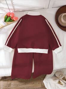 Genkimix Kids 2件套年轻女孩休闲蓝色长袖运动衫和裤子套装，秋冬 - 酒紅色 - 查看 2