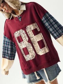 Bohemela Áo sweatshirt dáng rộng, phối màu tương phản, vai rớt, kiểu dáng thường ngày, có họa tiết chữ, thích hợp cho nữ, mùa thu đông, màu đỏ. - Màu Đỏ Sâu - Xem 6