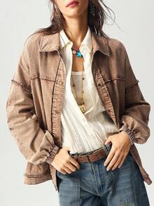 Bohemela 波西米亚风休闲纯色梭织宽松长袖女式夹克，秋季 - 棕色 - 查看 4