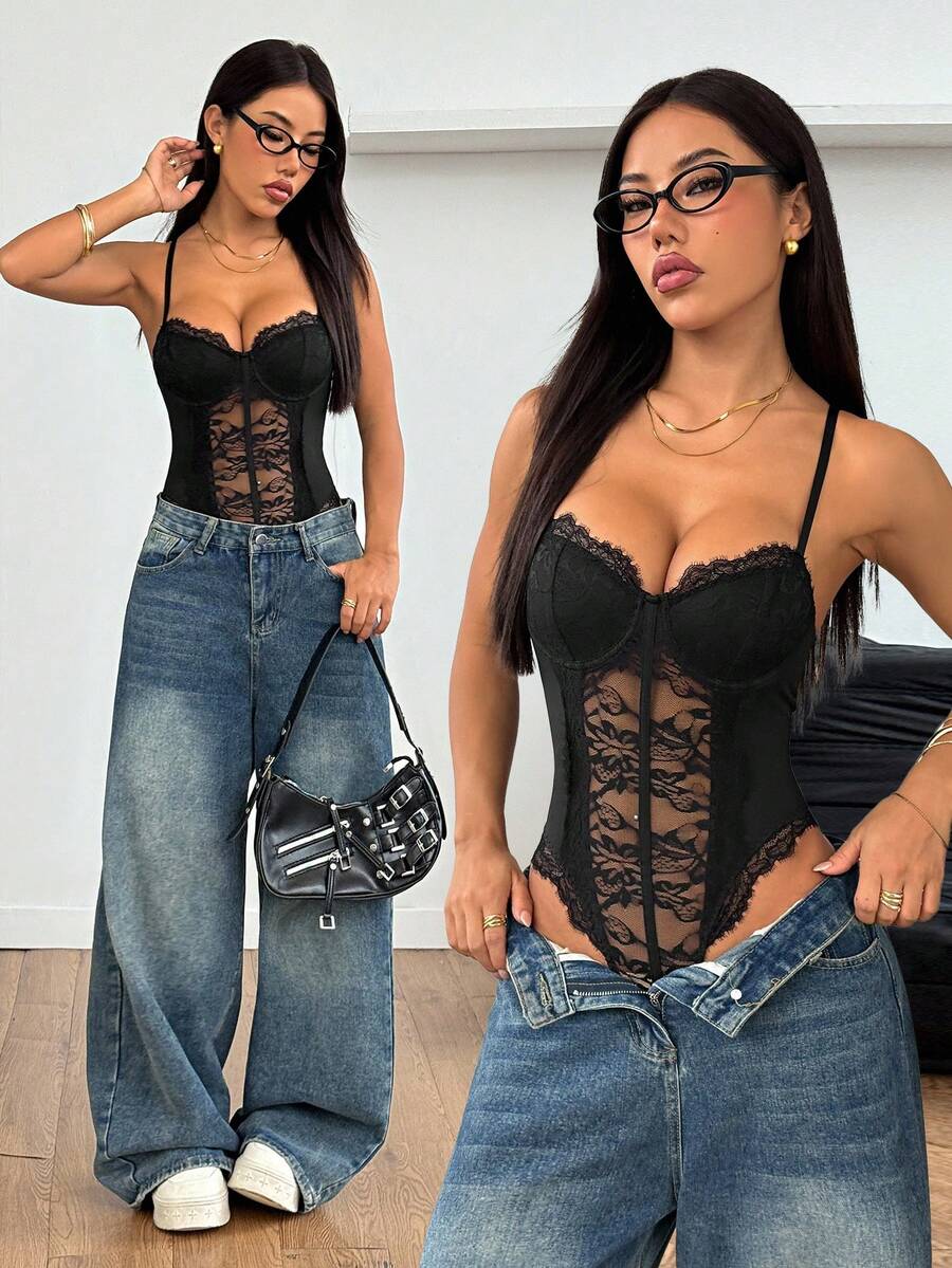 SHEIN PETITE Sexy Lace Patchwork Sleeveless Bodysuit, Summer Black Lace Body Suit - Black - View 1