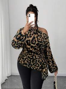 Maweii Plus Size Women's Elegant Casual Blouse With Oblique Shoulder, Ruffle, Rose Flower, Waist Cinching, Leopard Print, Suitable For Spring, Autumn, Winter