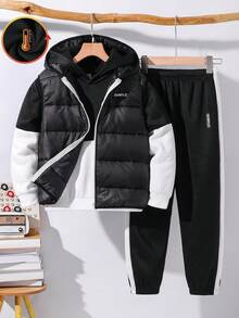 SHEIN 3件組兒童/青少年男孩黑白對比色連帽衛衣、抽繩長褲、加厚外套套裝，休閒運動校園秋冬穿搭 - 黑與白 - 查看 2