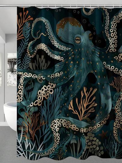 1pc Underwater World Octopus Swimming In Coral, Gold Texture Pattern Polyester Digital Printed Waterproof Shower Curtain, 180*180cm, Bathroom Decor Accessories, Can Be Used As Window Curtain Fall Decor Bathroom Accessories