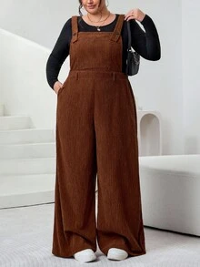 SHEIN CURVE+ Plus Size Women Brown Ribbed Fabric Jumpsuit, Autumn/Winter