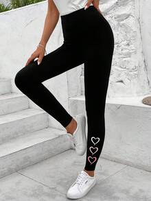 SHEIN LUNE Heart Pattern Casual Sports Knitted Leggings For Women, Ankle Length, Suitable For Spring/Autumn Suitable For Going Out,Casual - Black - View 11