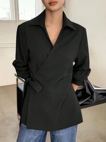 DAZY 女士翻领腰带装饰宽松休闲常规夹克女外套 - 黑色 - 查看 5