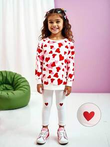 Maija Kids Maija Kids 2 peças/Conjunto Meninas Casual Estampa de Coração Moletom e Legging, Adequado para Uso Casual de Crianças, Volta às Aulas, Cerimônia de Abertura, Uso Diário, Escola, Viagem, Esportes, Outono/Inverno - Vermelho - Visão 1