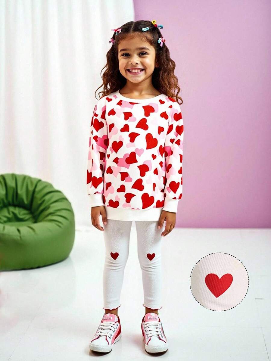 Maija Kids Maija Kids 2 peças/Conjunto Meninas Casual Estampa de Coração Moletom e Legging, Adequado para Uso Casual de Crianças, Volta às Aulas, Cerimônia de Abertura, Uso Diário, Escola, Viagem, Esportes, Outono/Inverno - Vermelho - Visão 1