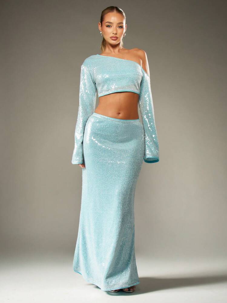 MISSGUIDED Sequin Off Shoulder Crop Top And Maxi Skirt