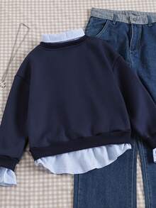 Teen Girl Letter & Stripe Print Shirt Collar Long Sleeve Casual Sweatshirt, Autumn Fall Winter
