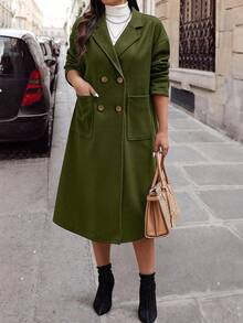 Calvaya Plus Size Women Solid Color Lapel Collar Drop Shoulder Long Sleeve Casual Jacket, Autumn/Winter - Army Green - View 6