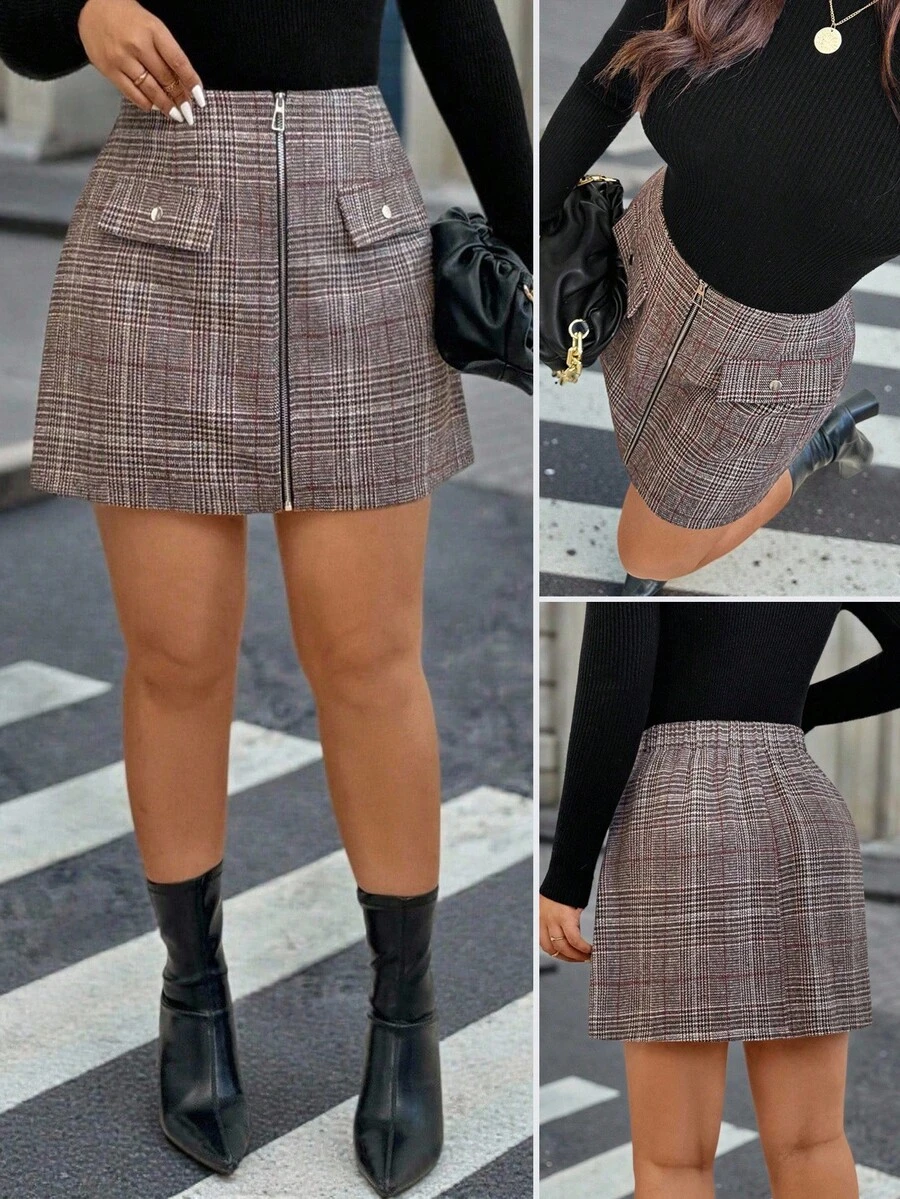 SHEIN Clasi 大码女式多色格子A字裙,前拉链 - 彩色 - 查看 1