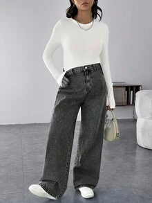 SHEIN Umstandsjeans, lässig und weit geschnitten, gerade Beinform, lässige weite Jeans für den Thanksgiving-Feiertag - Schwarz - Übersicht 7