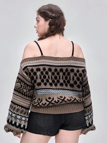 ROMWE Kawaii Plus Size Avant Vintage Geometric Abstract Fair Isle Pattern Fuzzy Plus Size Off-Shoulder Sweater, Retro Street Style Loose Fit Fair Isle Knit Pullover For Autumn/Winter, Plus Size Casual Fashion Women Clothing, Y2K Vintage Inspired Plus Size Women Sweater With Fair Isle Pattern For Holiday Party, Christmas Party, Elegant Plus Size Ladies Knitwear - Multicolor - View 4