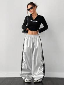 SHEIN EZwear Quần dài ống đứng rộng rãi cỡ lớn màu bạc thường ngày - Bạc - Xem 4