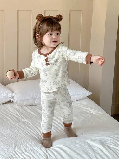 DAZY 2pcs Baby Girls Floral Print Crew Neck Long Sleeve Top And Pants Loungewear Set