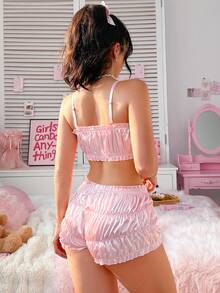 PetitDoll 2pcs Adjustable Strap Bra And Panty Set For Women Lace Two Piece Night Set Satin Lingerie Set Skirt Lingerie Set Ruffle Lingerie Lingerie Sleep Set - Pink - View 2