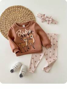 Babygirl Cute Cartoon Pattern Knit Long Sleeve Sweatshirt And Pants Set, Autumn/Winter Cozy Pixies Baby Girl Set Baby Set Autumn Winter Season Mocha Baby Clothes Baby Girl Autumn Clothes Baby Girls Brown Set - Brown - View 3