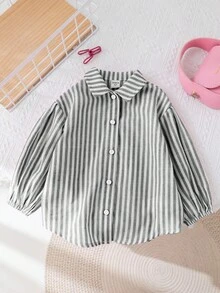 SHEIN LMoss Kids LMoss 少女宽松条纹休闲衬衫 - 黑色 - 查看 1