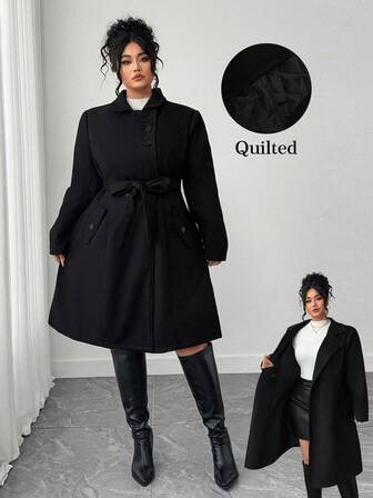 Elenzga Plus Size Black Button Lapel Thick Composite Long Sleeve Classic Elegant Mid-Length Overcoat, Autumn/Winter