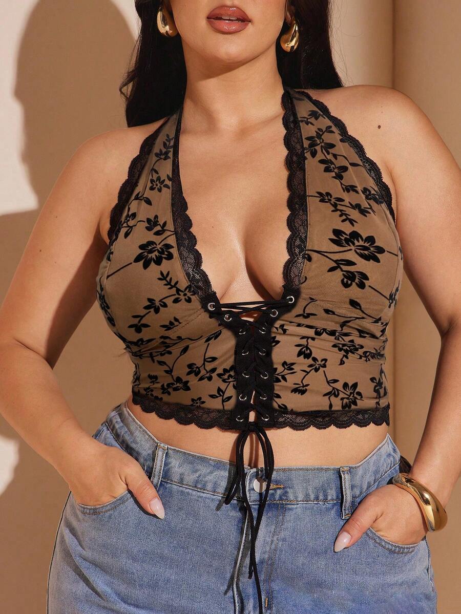 SHEIN BAE 大码女式优雅性感蕾丝拼接深V领露背吊带上衣,基础款弹力针织修身短款上衣,Y2K风格 - 棕色 - 查看 1