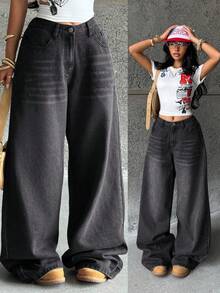 Coolane Quần jean ống rộng thoải mái, giặt sạch cho bé gái tuổi teen - màu đen - Xem 4