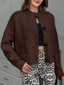 Damen weiche, warme und gemütliche Rundhalskardigan mit Knopfverschluss, 2 Taschen, Drop-Shoulder, ideal für kühle Tage