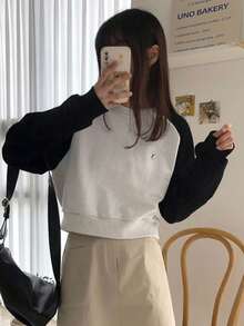 DAZY Áo nỉ cổ tròn tay raglan màu tương phản thường ngày dành cho nữ, quần áo mùa thu - Màu xanh hải quân - Xem 8