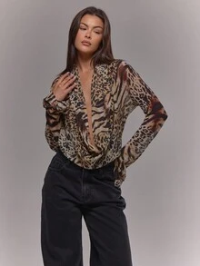 MUSERA Animal Print Extreme Plunge Draped Front Flared Cuff Top Boho Occasion Sexy Going Out Autumn Fall Night Out Winter Cute Date Night Elegant Holidays Party Spring Summer - Multicolor - View 5