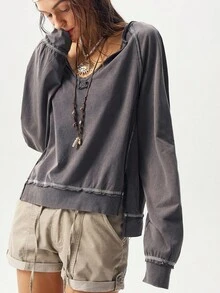 Bohemela Casual Solid Color V-Neck Long Sleeve Loose Washed Women T-Shirt, Suitable For Autumn, Halloween, Christmas, Music Festival Boho