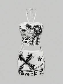 ROMWE Grunge Punk Bộ 2 món áo len dệt kim họa tiết Punk & Anime dành cho nữ: Áo Bandeau + Chân váy ngắn - Xám - Xem 1