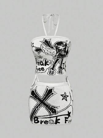 Grunge Punk Ensemble 2 pièces pour femmes: Top bandeau + Jupe mini, motif Punk et Anime, tricoté Jacquard