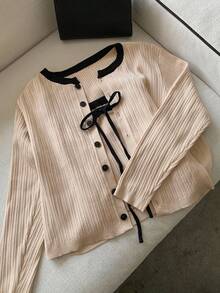 Dazy Plus 2pcs Contrast Color Patchwork Cardigan Elegant Short Knit Sweater Set, Autumn/Winter