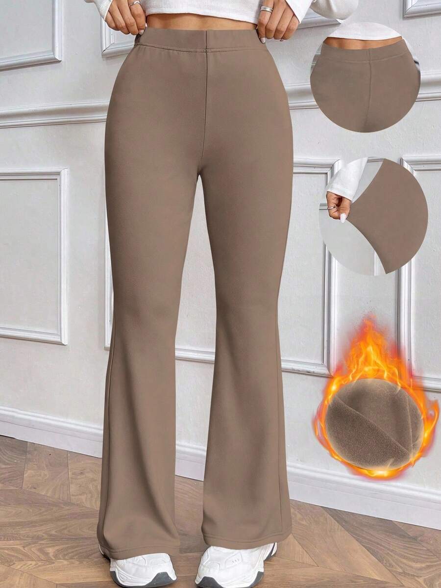 EMERY ROSE 女式休闲日常百搭紧身保暖内衬高腰喇叭裤，松紧腰，黑色，冬季 - 卡其色 - 查看 1