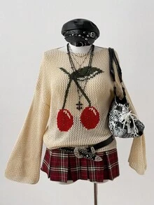 Sunspun Áo len Jacquard cổ tròn tay dài dáng rộng khoét lỗ màu khối - Màu be - Xem 5