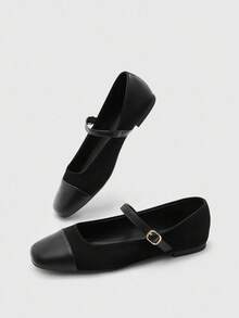 CUCCOO BIZCHIC 女士优雅玛丽珍平底鞋，带扣带，方头，米色和金色 - 黑色 - 查看 9