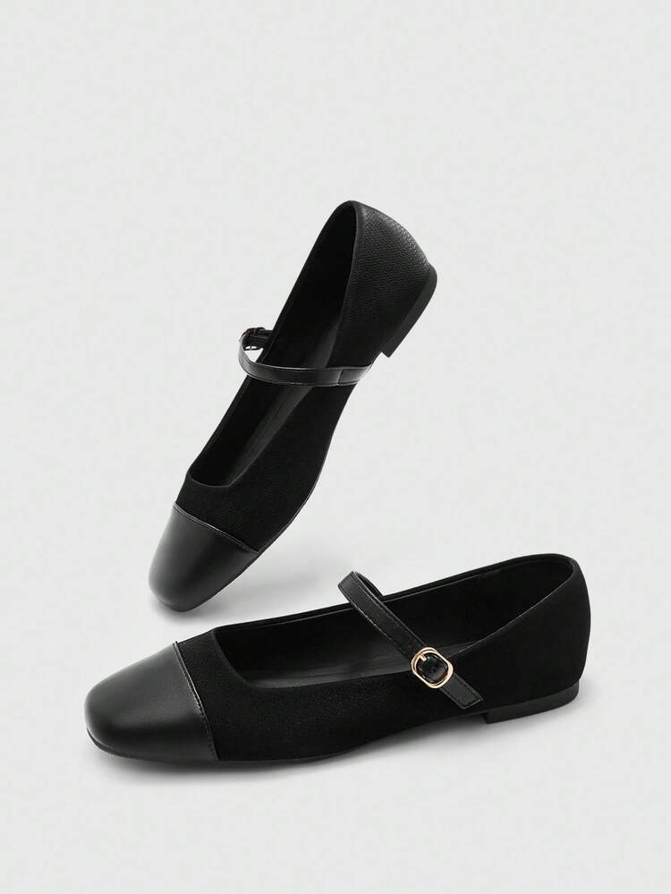 CUCCOO BIZCHIC 女士优雅玛丽珍平底鞋，带扣带，方头，米色和金色 - 黑色 - 查看 9